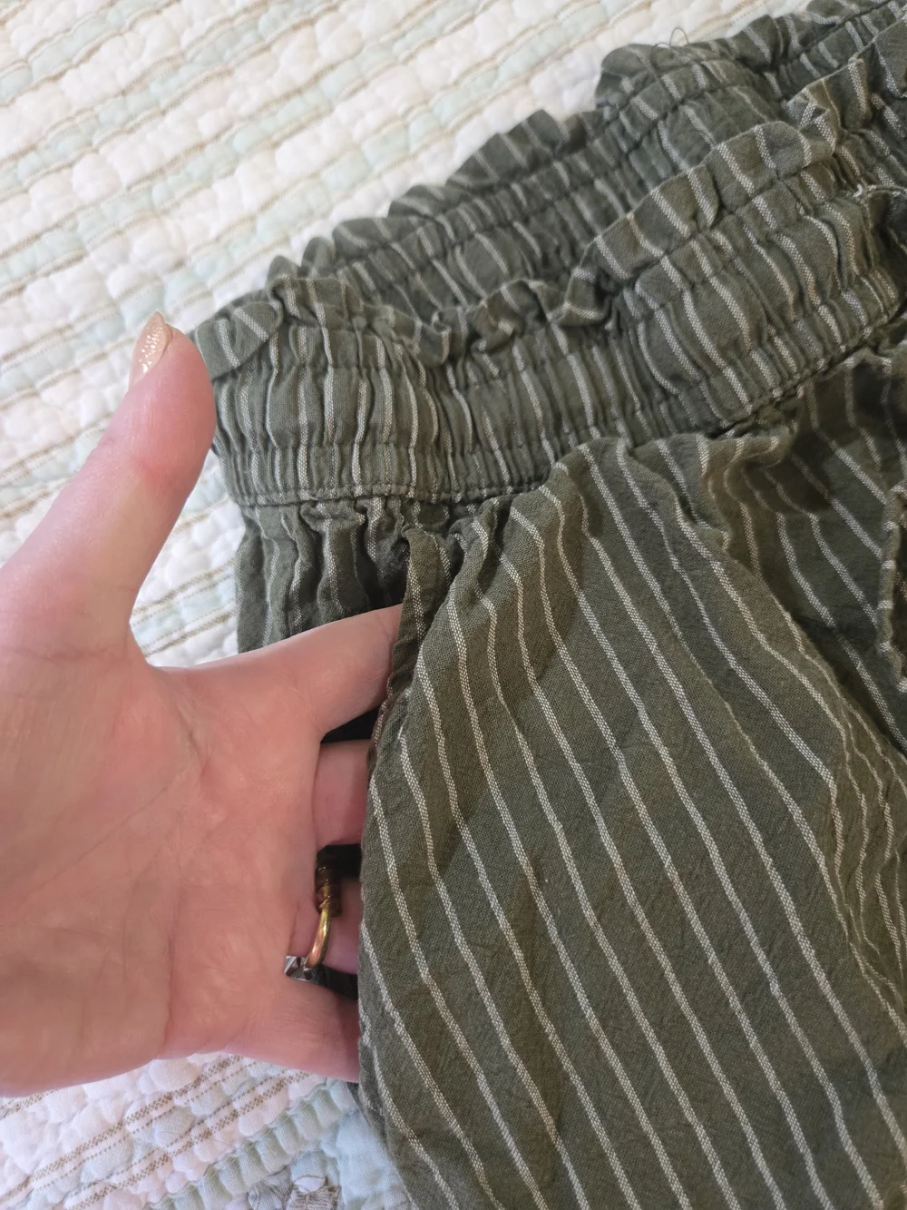 Olive Green Pinstripe Wide-Leg Loung Linen Blend Pants L - Picture 5 of 8